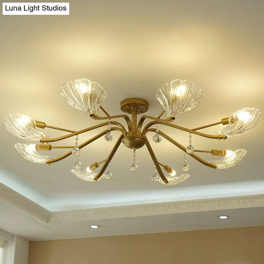 Gold Scalloped Shell Semi Flush Mount Crystal Chandelier - Countryside Parlor Ceiling Light