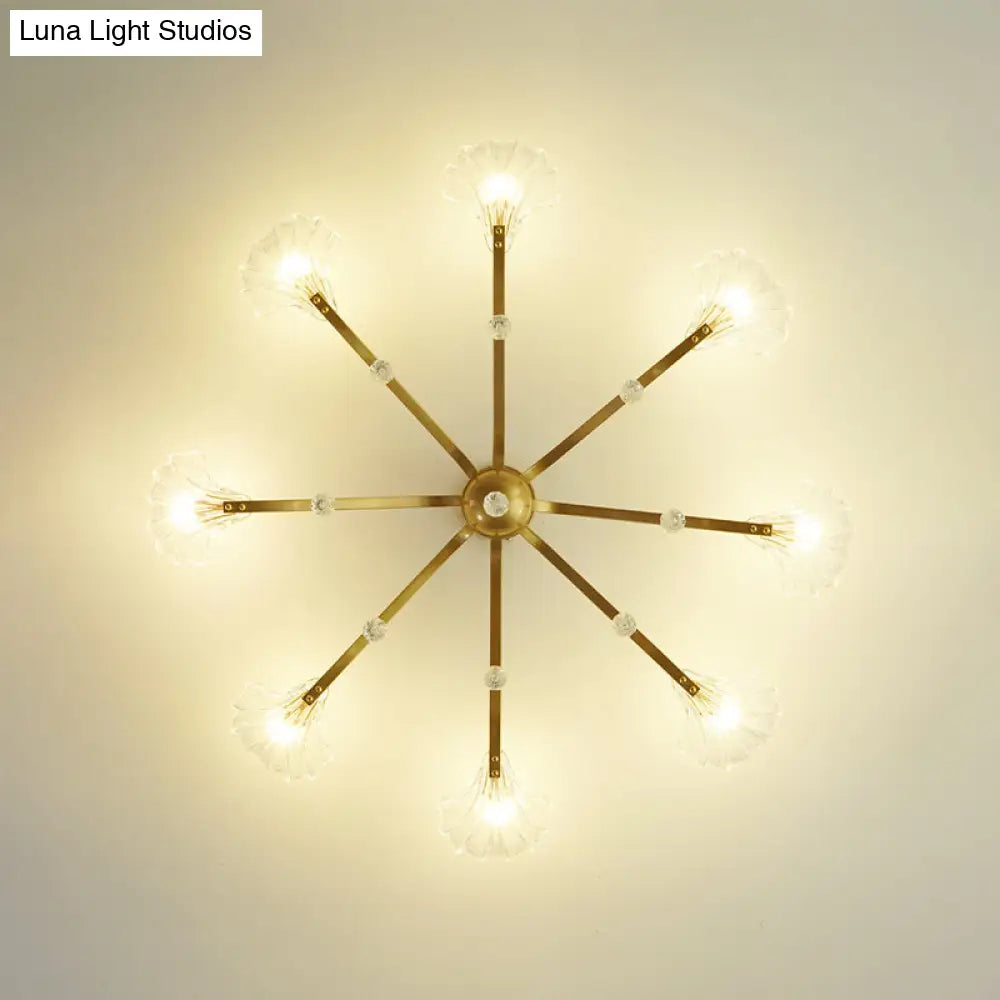 Gold Scalloped Shell Semi Flush Mount Crystal Chandelier - Countryside Parlor Ceiling Light