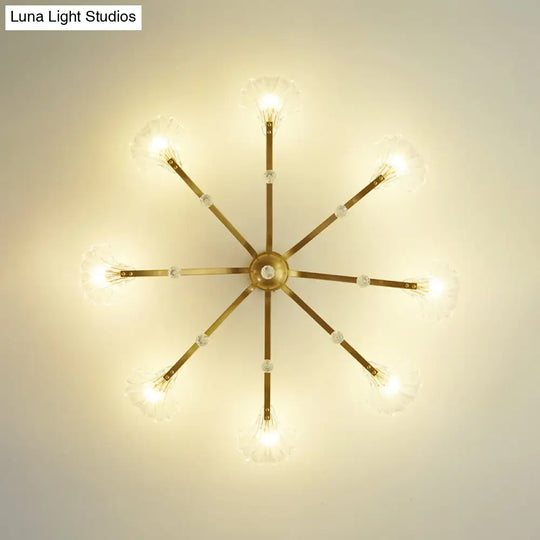 Gold Scalloped Shell Semi Flush Mount Crystal Chandelier - Countryside Parlor Ceiling Light