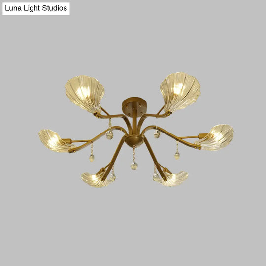 Gold Scalloped Shell Semi Flush Mount Crystal Chandelier - Countryside Parlor Ceiling Light