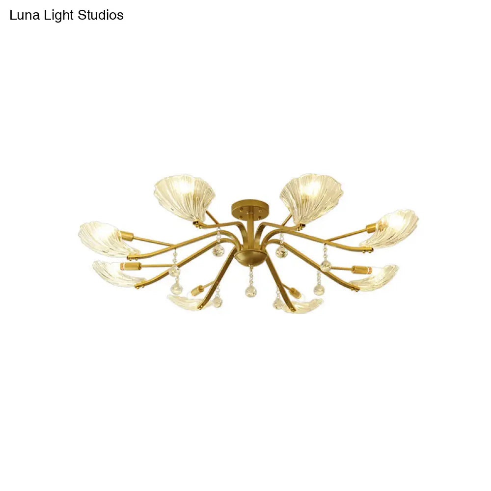 Gold Scalloped Shell Semi Flush Mount Crystal Chandelier - Countryside Parlor Ceiling Light