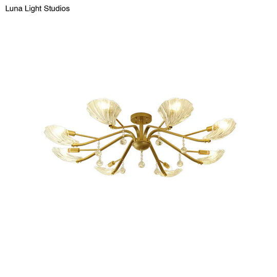 Gold Scalloped Shell Semi Flush Mount Crystal Chandelier - Countryside Parlor Ceiling Light