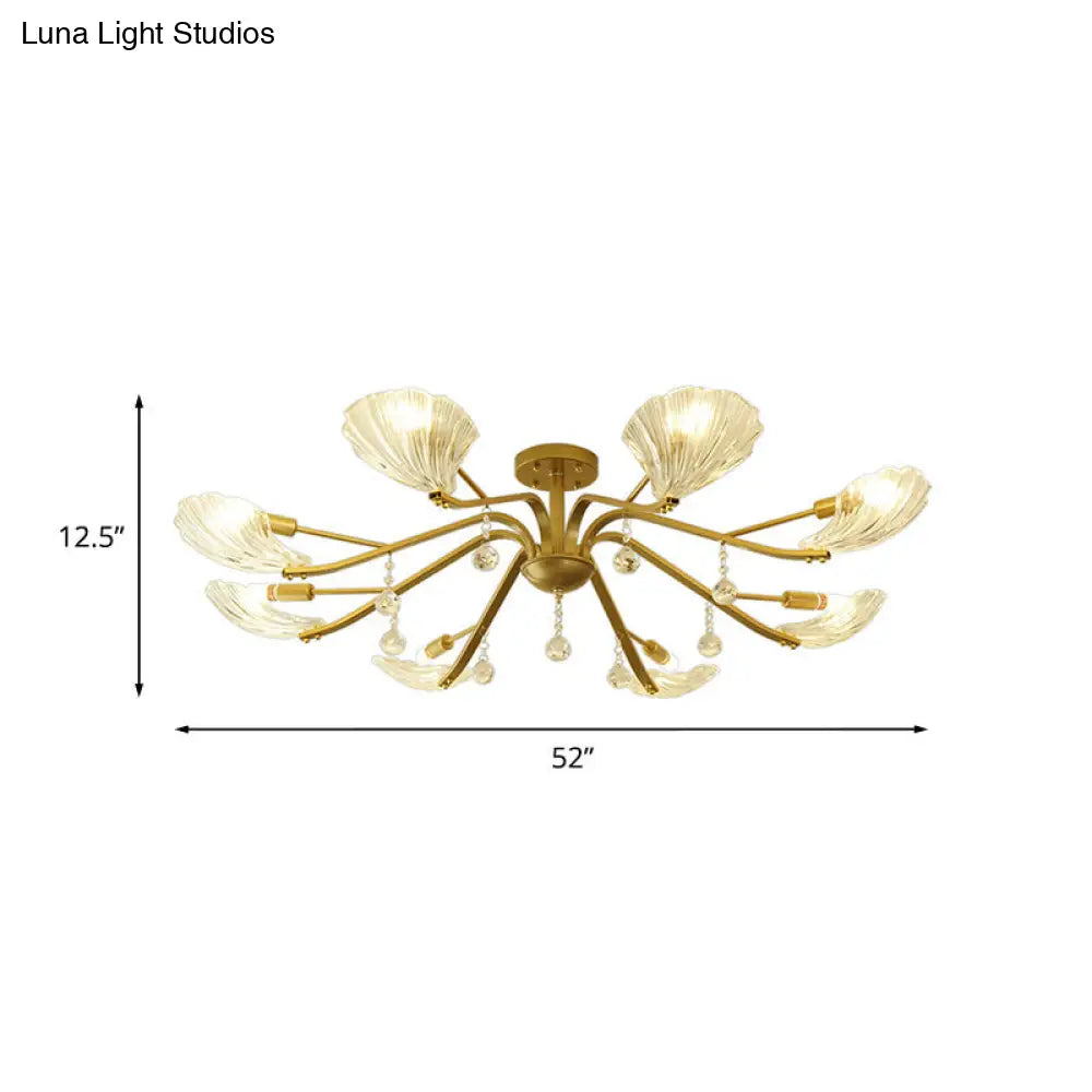 Gold Scalloped Shell Semi Flush Mount Crystal Chandelier - Countryside Parlor Ceiling Light