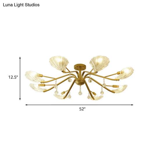 Gold Scalloped Shell Semi Flush Mount Crystal Chandelier - Countryside Parlor Ceiling Light