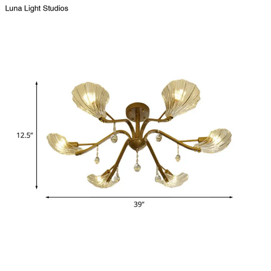 Gold Scalloped Shell Semi Flush Mount Crystal Chandelier - Countryside Parlor Ceiling Light