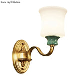Gold Scalloped/Tapered/Curved Wall Mounted Bedside Light With Fabric/White Glass Shade