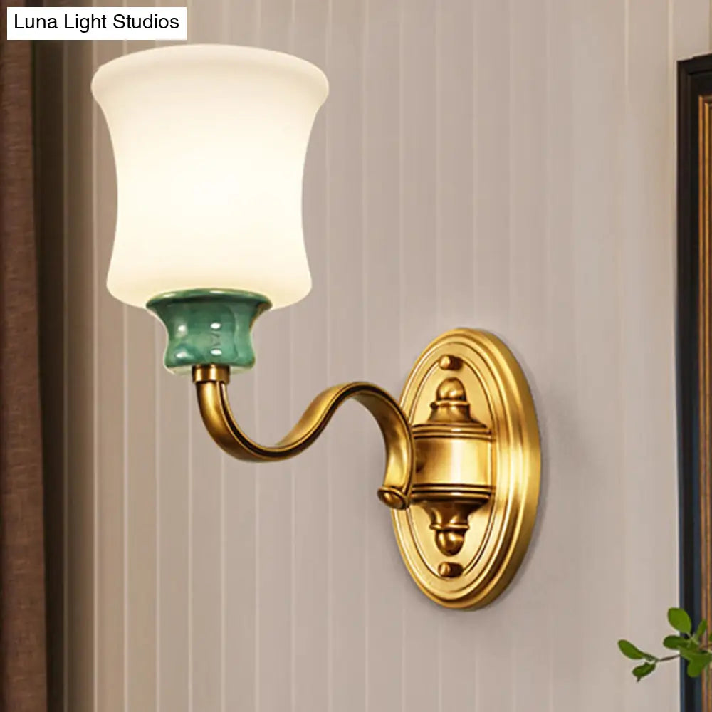 Gold Scalloped/Tapered/Curved Wall Mounted Bedside Light With Fabric/White Glass Shade