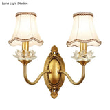 Gold Scalloped/Tapered/Curved Wall Mounted Bedside Light With Fabric/White Glass Shade