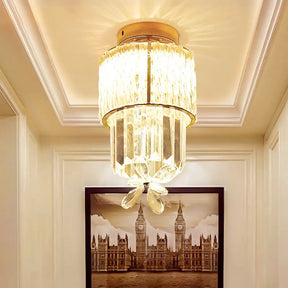 Gold Semi Flush Led Hallway Ceiling Light With K9 Crystal Cylinder Shade