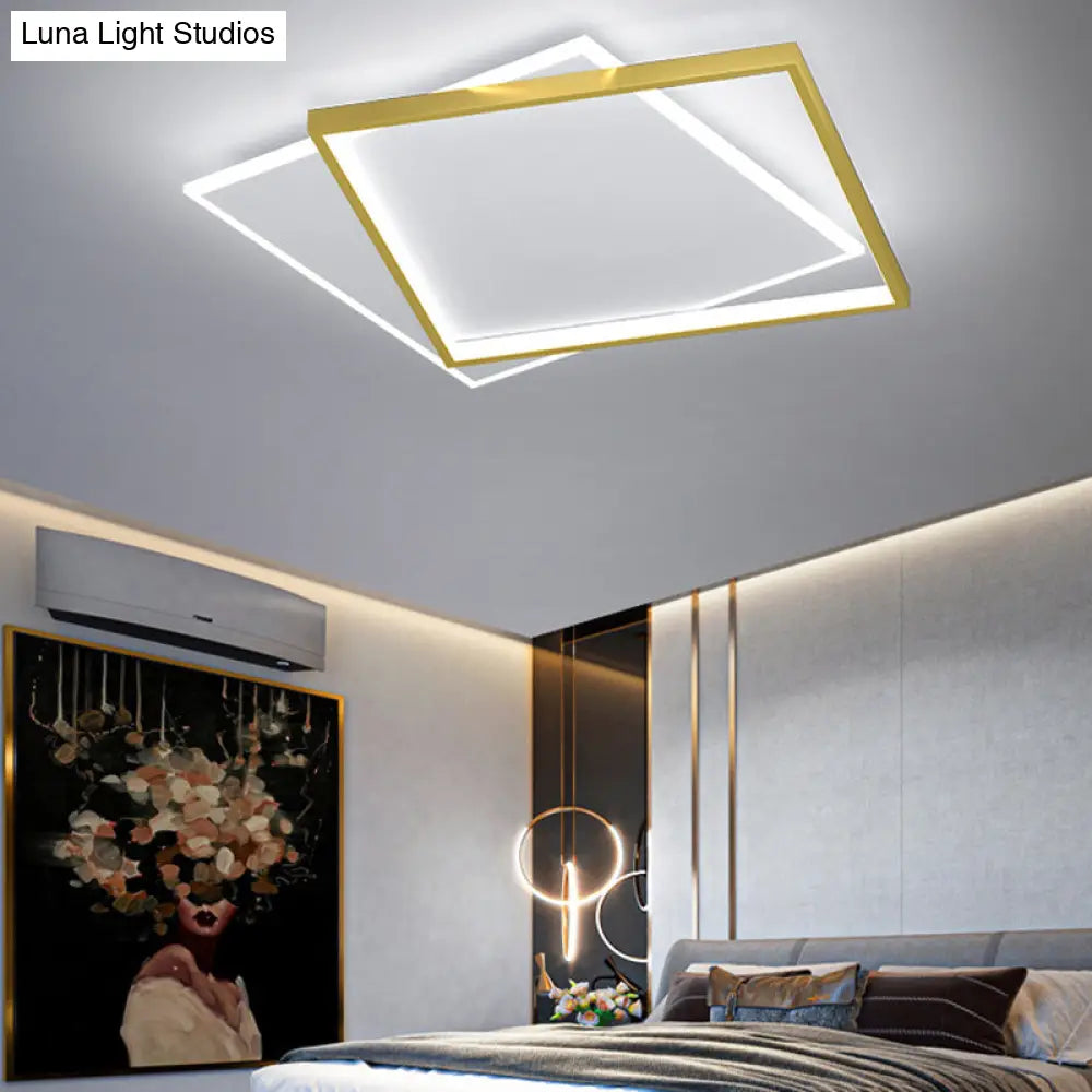 Gold Square Led Flush Mount Light Fixture - Minimalist Bedroom Ceiling Lamp