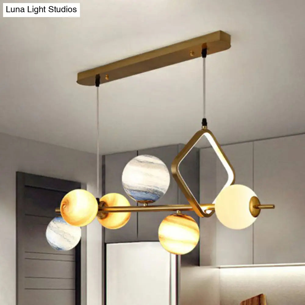 Gold Stained Glass Nordic Planet 7-Head Hanging Light For Dining Room