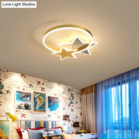 Gold Star And Circle Led Ceiling Flush Mount Light For Kids Room Childrens Metal Fixture / 16 Warm