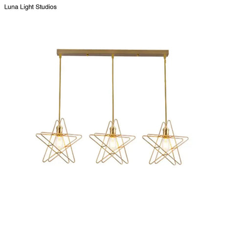 Gold Star Cage Ceiling Light - Simplicity Design Metal Frame 3 Bulbs Ideal For Dining Room