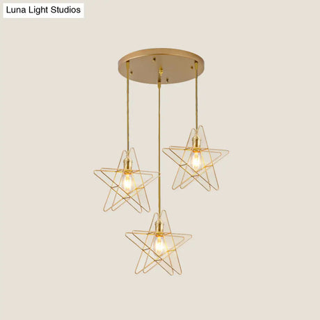 Gold Star Cage Ceiling Light - Simplicity Design Metal Frame 3 Bulbs Ideal For Dining Room
