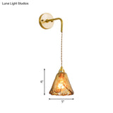 Gold Tan Glass 1-Light Wall Sconce Fixture Colonial Cone/Trapezoid/Flat Design For Living Room Cord