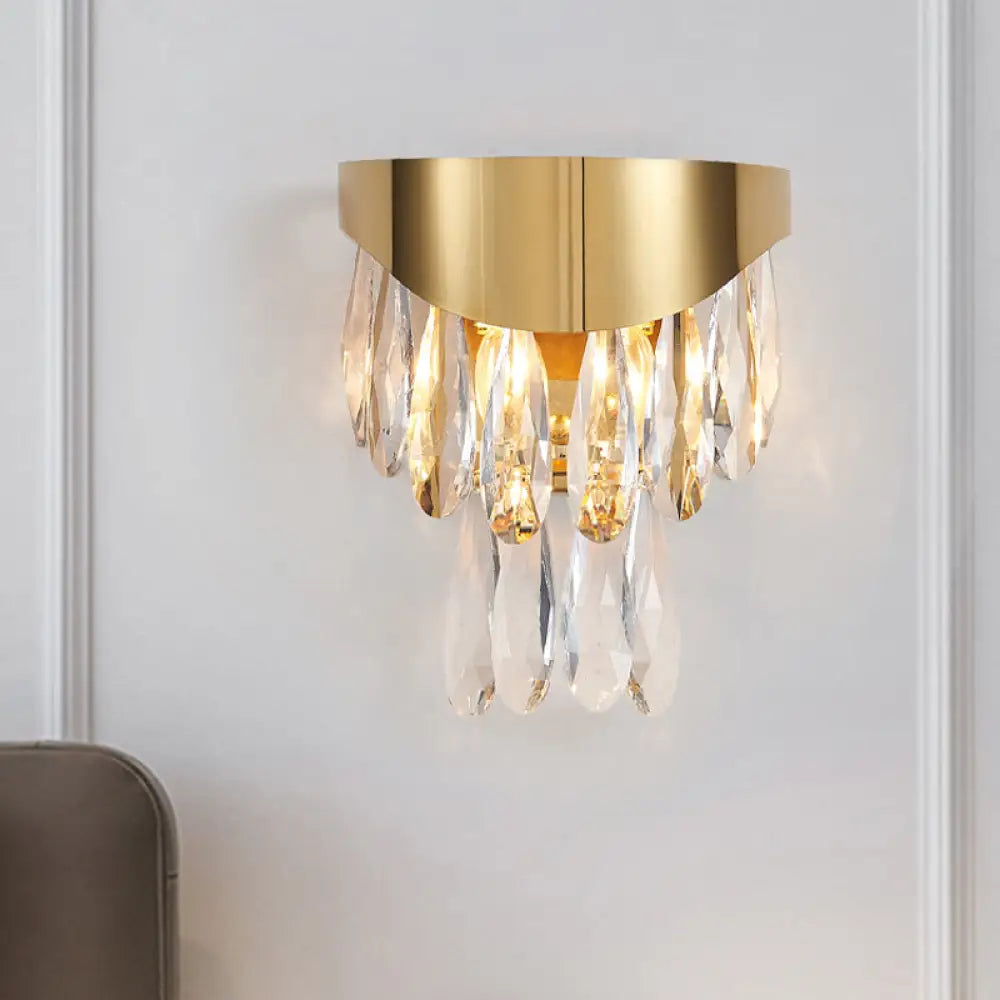 Gold Teardrop Crystal Drip Wall Sconce - Contemporary Indoor Lighting 2 Bulb Surface Mount