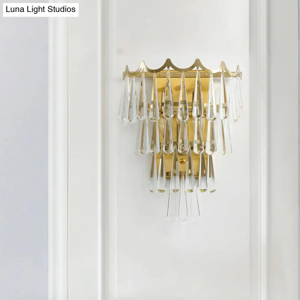 Gold Teardrop Crystal Wall Sconce With 2 Lights - Modern 3-Tiered Design