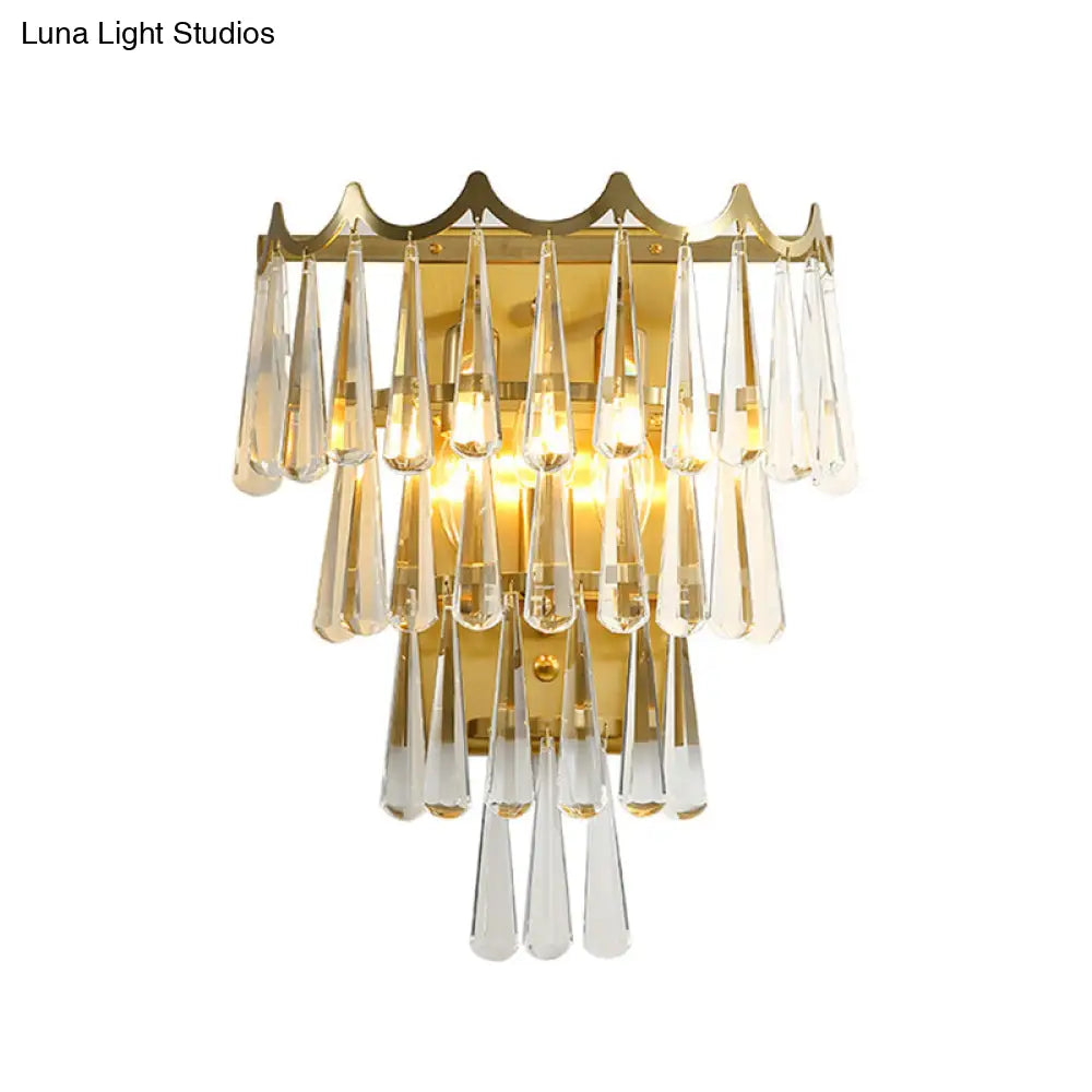 Gold Teardrop Crystal Wall Sconce With 2 Lights - Modern 3-Tiered Design