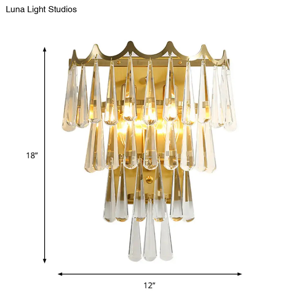 Gold Teardrop Crystal Wall Sconce With 2 Lights - Modern 3-Tiered Design