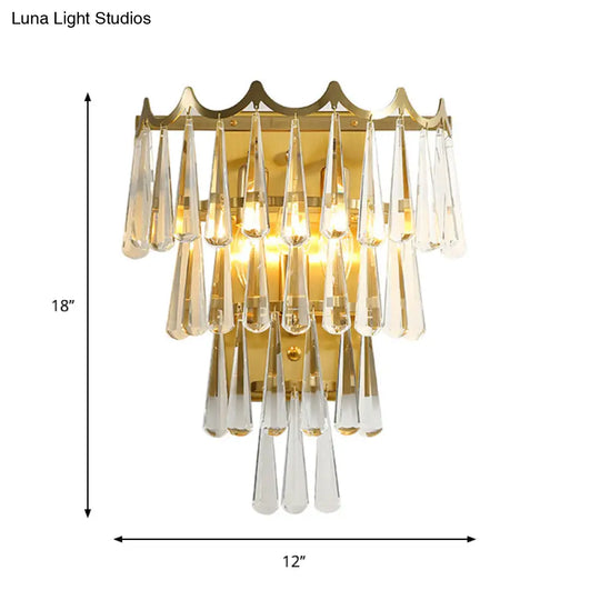 Gold Teardrop Crystal Wall Sconce With 2 Lights - Modern 3-Tiered Design