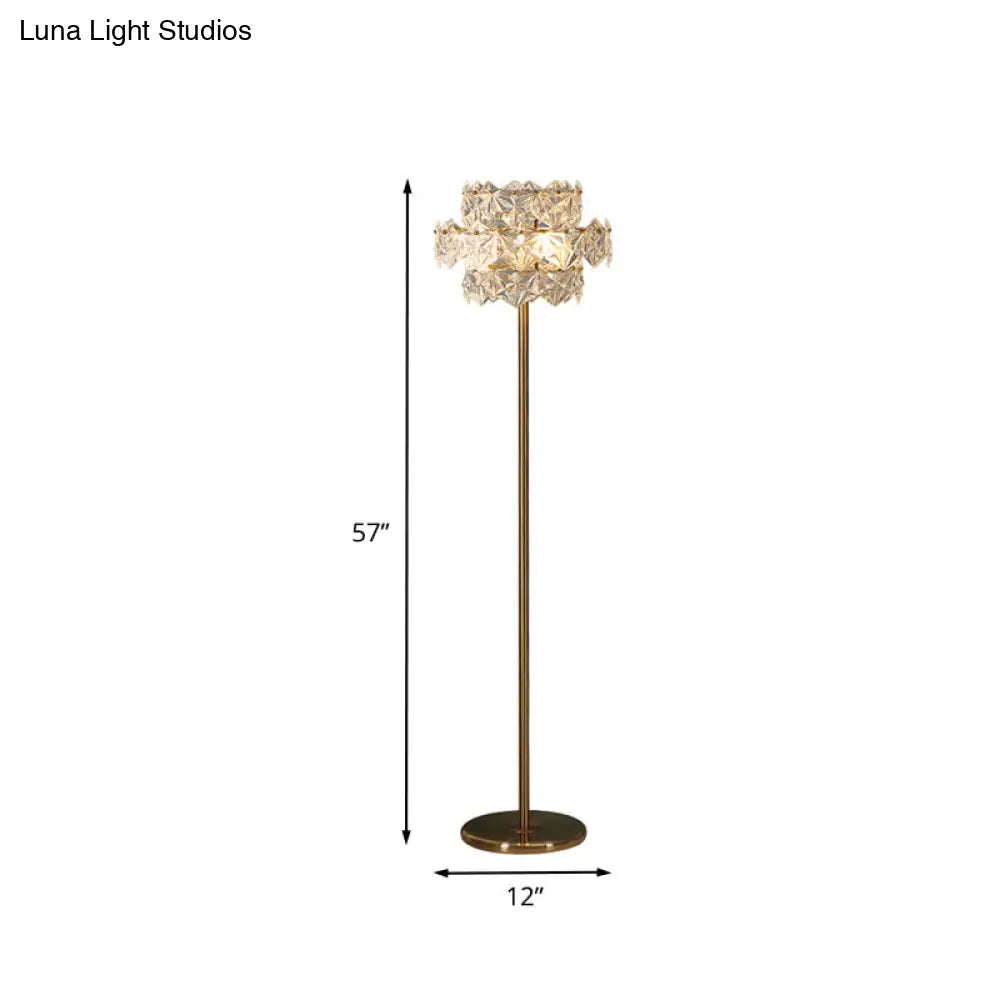 Gold Tiered Hexagon Crystal Floor Lamp - Mid Century 1-Light Stand Up Lighting For Sitting Room