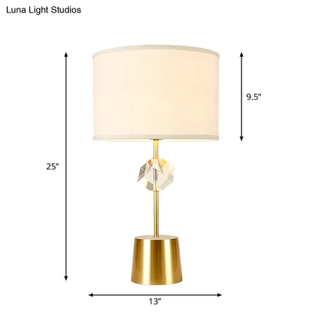 Gold Traditional Fabric Drum Shade Nightstand Lamp With Crystal Cube Deco