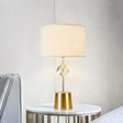 Gold Traditional Fabric Drum Shade Nightstand Lamp With Crystal Cube Deco