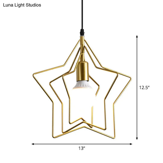 Industrial Metal Gold Pendant Light With Triple Star/Round Frame - Hanging Ceiling Fixture