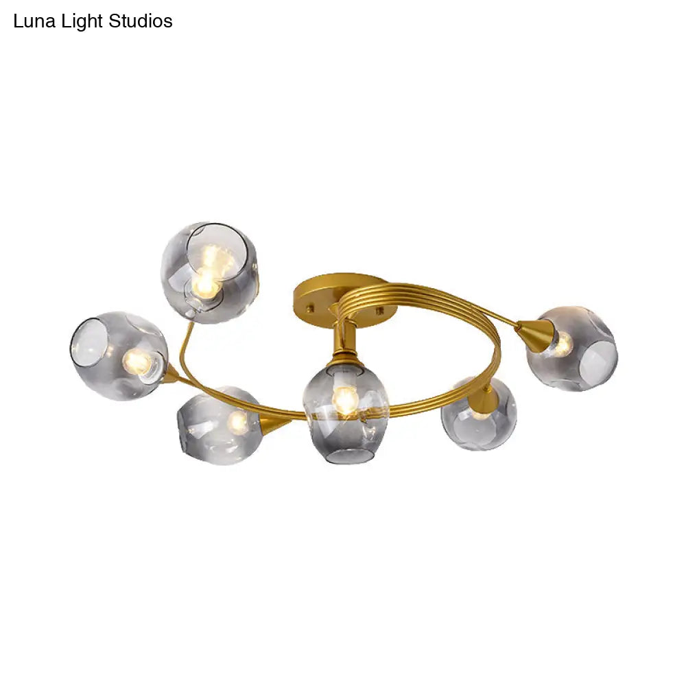 Gold Twist Arm Glass Study Room Ceiling Light - Modern Semi Flushmount In Smoke Gray