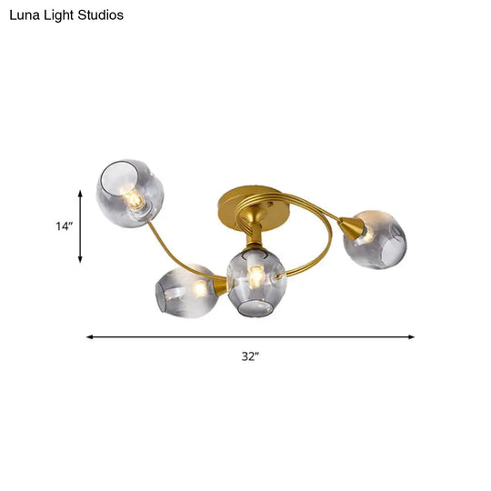 Gold Twist Arm Glass Study Room Ceiling Light - Modern Semi Flushmount In Smoke Gray