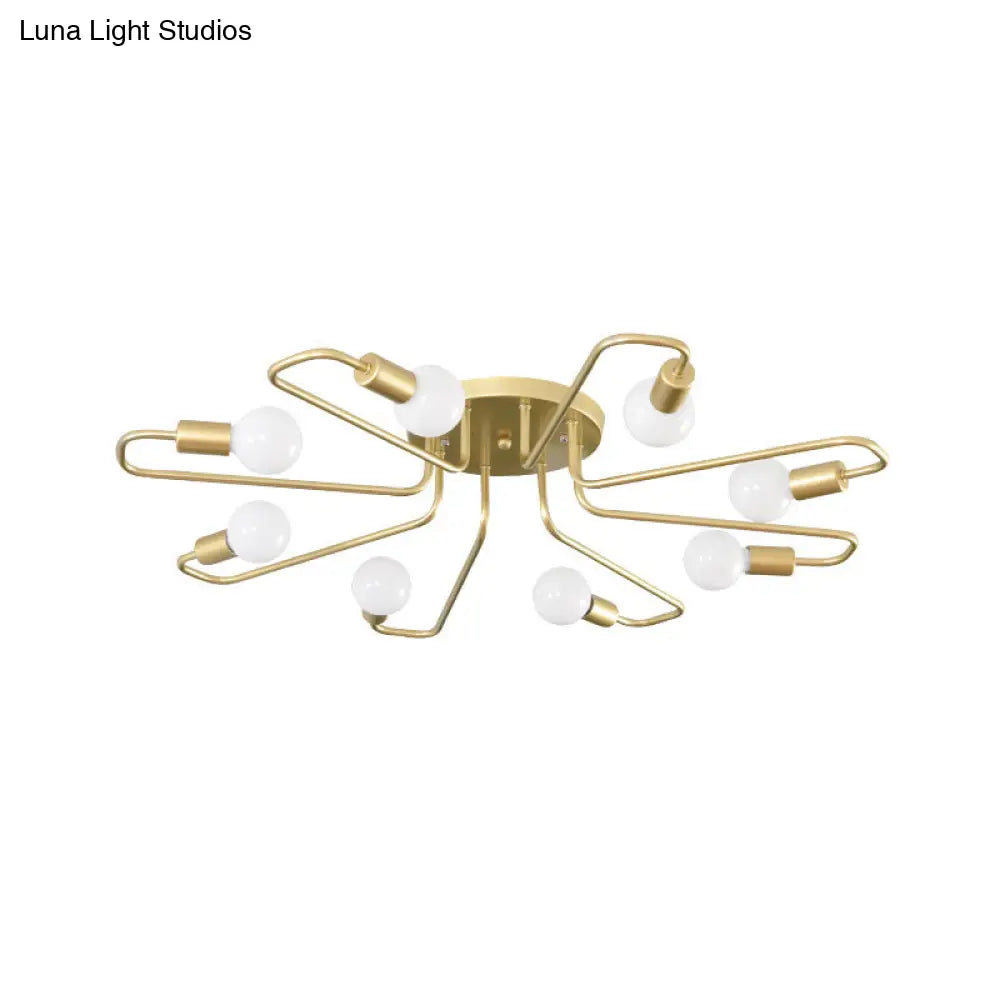 Gold Twisted Arm 8-Head Semi-Flush Metal Ceiling Lamp: Minimalist Lighting For Living Room