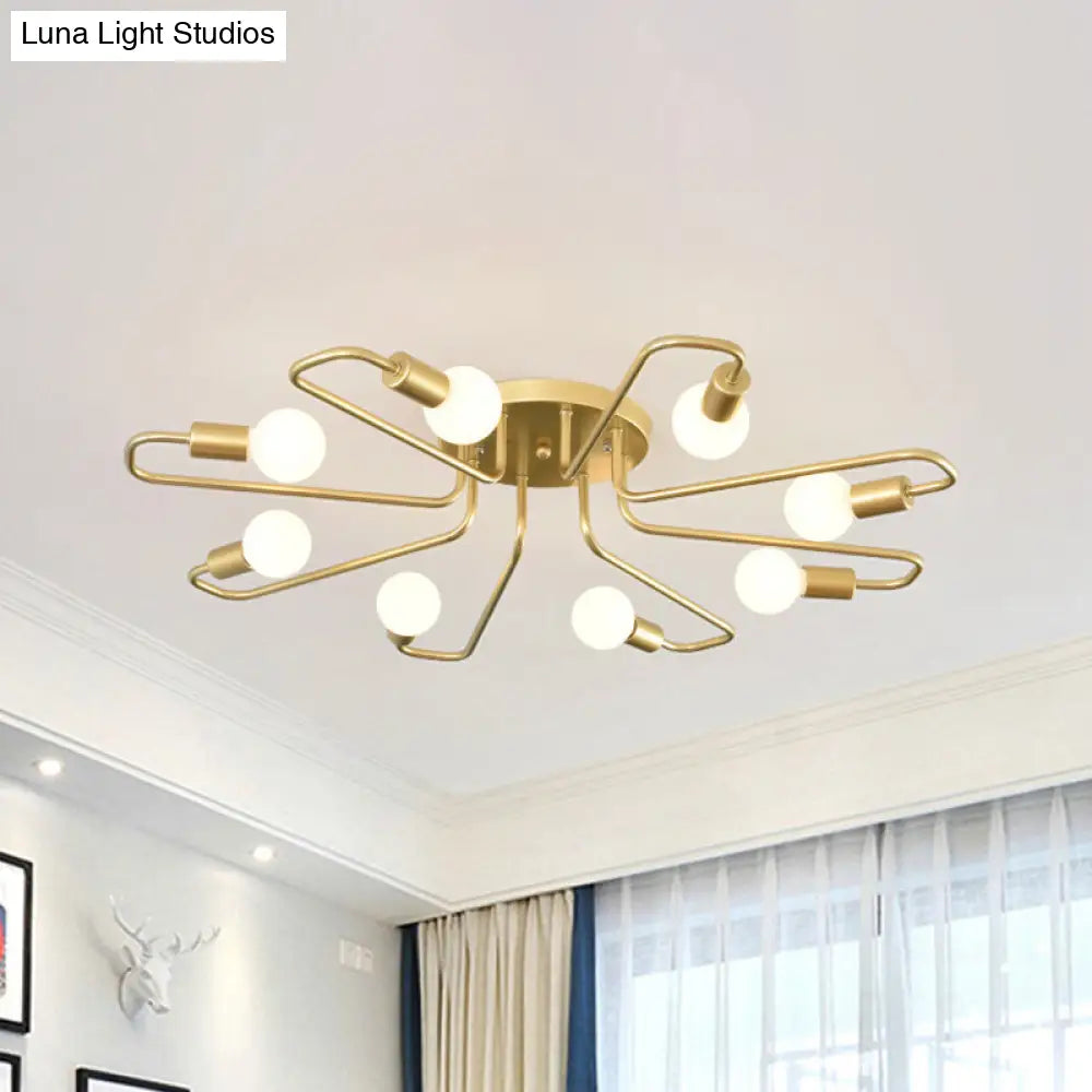 Gold Twisted Arm 8-Head Semi-Flush Metal Ceiling Lamp: Minimalist Lighting For Living Room