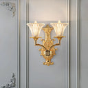 Gold Wall Lamp: Clear Fluted Glass Tapered Design 2-Light Rustic Style Fixture