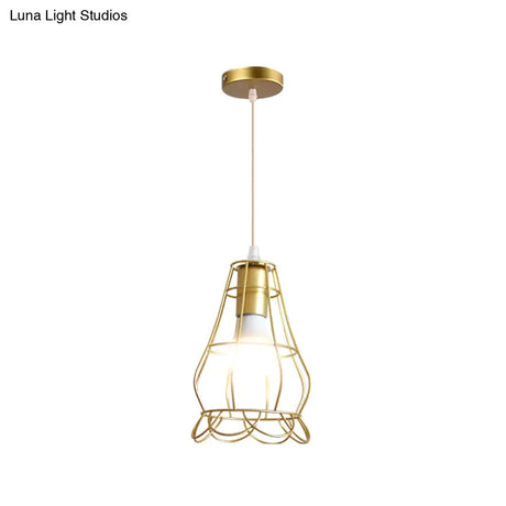 Gold Wire Cage Pendant Light - Retro Industrial Iron Hanging Lamp With Shade For Coffee Shop