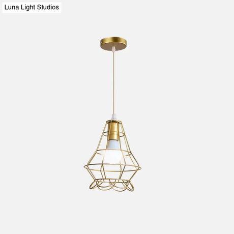 Gold Wire Cage Pendant Light - Retro Industrial Iron Hanging Lamp With Shade For Coffee Shop