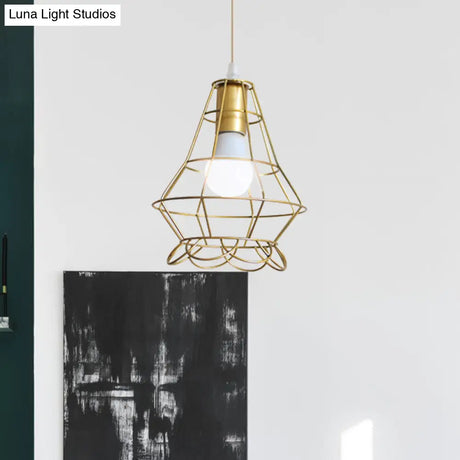 Gold Wire Cage Pendant Light - Retro Industrial Iron Hanging Lamp With Shade For Coffee Shop
