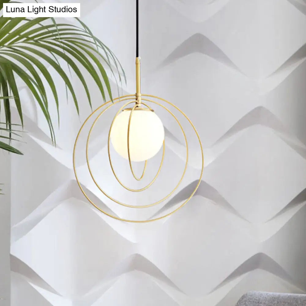 Gold Pendant Light With Opal Glass Shade - Moveable Wire Cage Pendulum