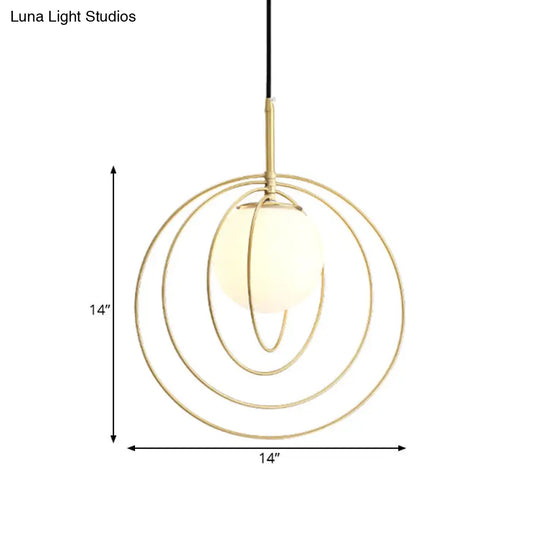 Gold Wire Cage Pendant Light With Opal Glass Shade - Moveable & Modern Design