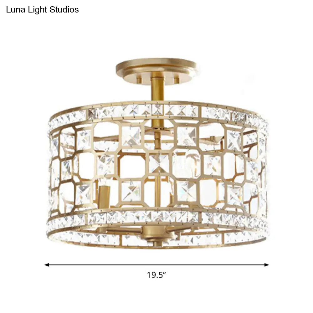 Golden Chinese Style 3 - Light Semi Flush Ceiling Fixture With Metallic Crystal Shade