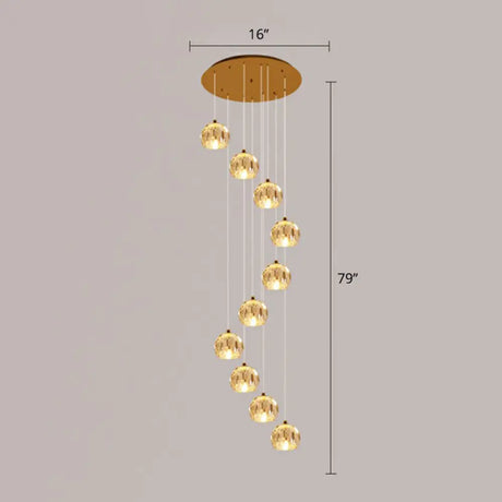 Golden Cluster Pendant Light With Faceted Cut Crystal Ball Design For Stairway Illumination 10 /