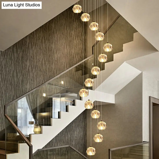 Golden Cluster Pendant Light With Faceted Cut Crystal Ball Design For Stairway Illumination