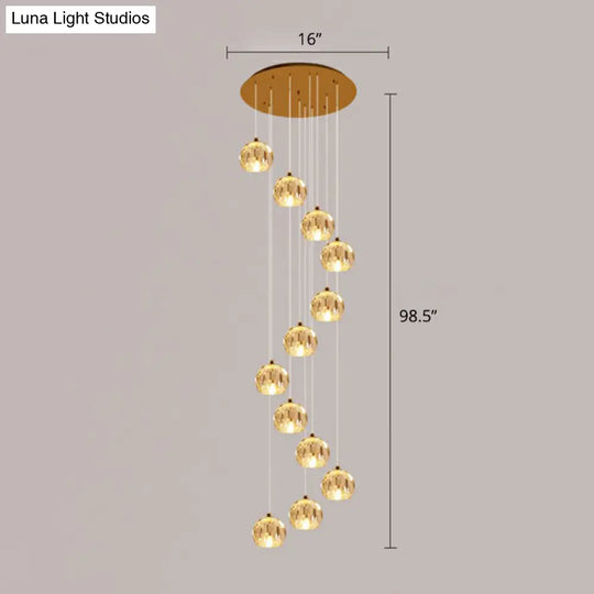 Minimalist Golden Crystal Ball Pendant Light For Stairs - Faceted Cut Ceiling Lamp Cluster 12 / Gold
