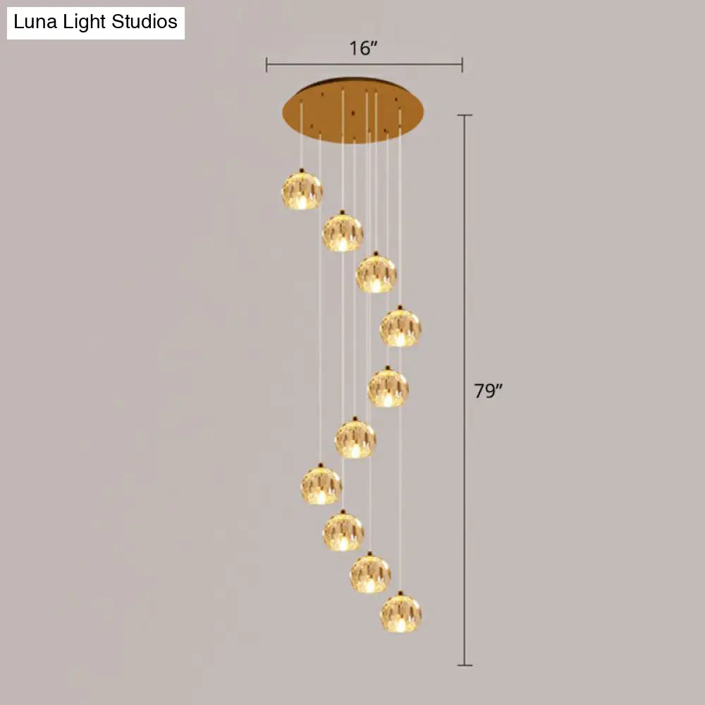 Minimalist Golden Crystal Ball Pendant Light For Stairs - Faceted Cut Ceiling Lamp Cluster 10 / Gold