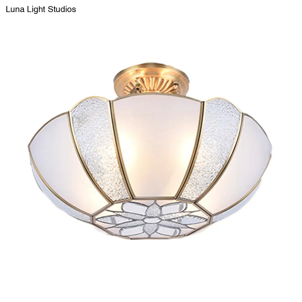 Golden Dome Ceiling Light: Classic Metal 3 Lights Semi Flush Mount With White Beveled Glass Shade