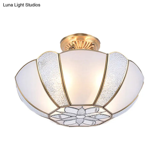 Golden Dome Ceiling Light: Classic Metal 3 Lights Semi Flush Mount With White Beveled Glass Shade