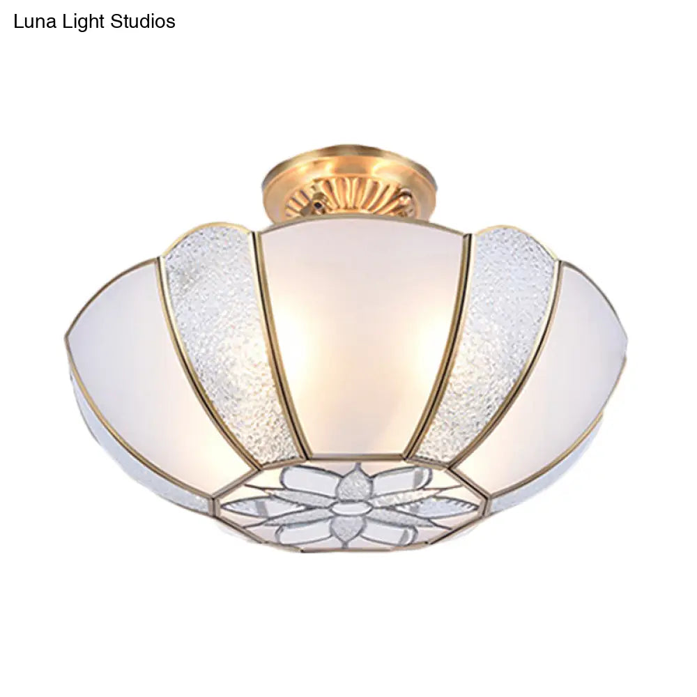Golden Dome Ceiling Light: Classic Metal 3 Lights Semi Flush Mount With White Beveled Glass Shade