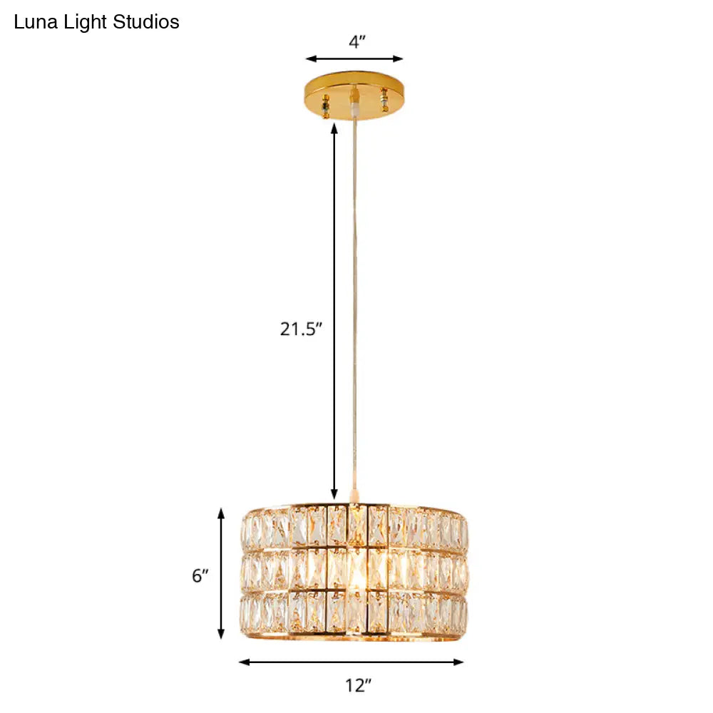 Golden Drum Crystal Hanging Lamp - Modern 1-Light Fixture For Dining Table