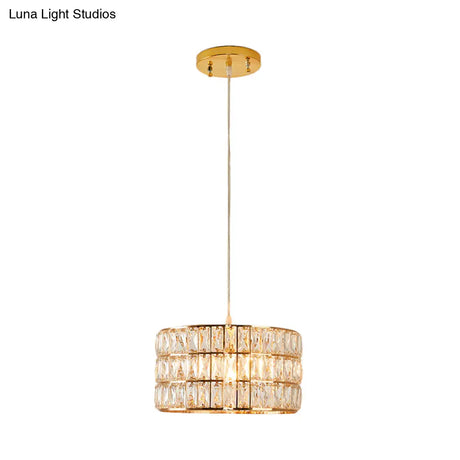 Golden Drum Crystal Hanging Lamp - Modern 1-Light Fixture For Dining Table