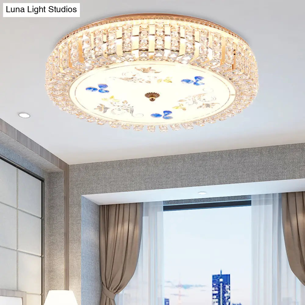 Golden Drum Flushmount Lighting: Modern Crystal And Glass Multi Light Ceiling Lamp (16/19.5 W) With