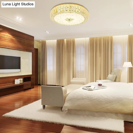Golden Drum Flushmount Lighting: Modern Crystal And Glass Multi Light Ceiling Lamp (16/19.5 W) With